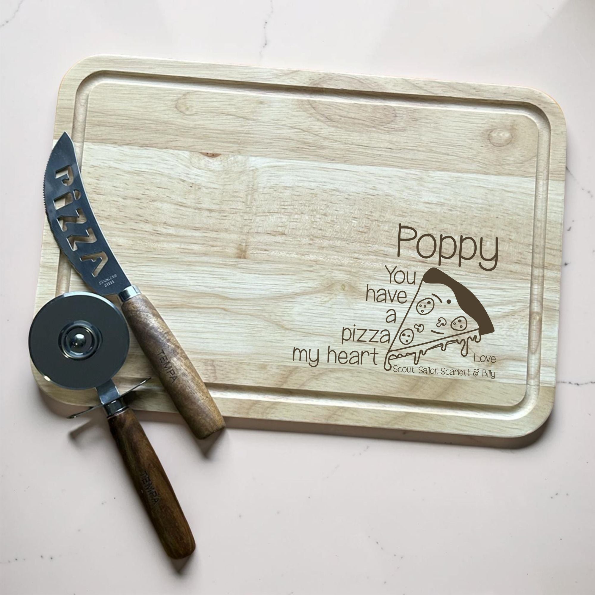 personalised pizza board gift with pizza wheel and knife