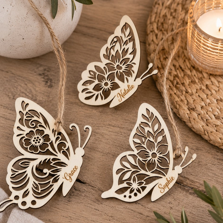 laser cut personalised butterfly decorations with names