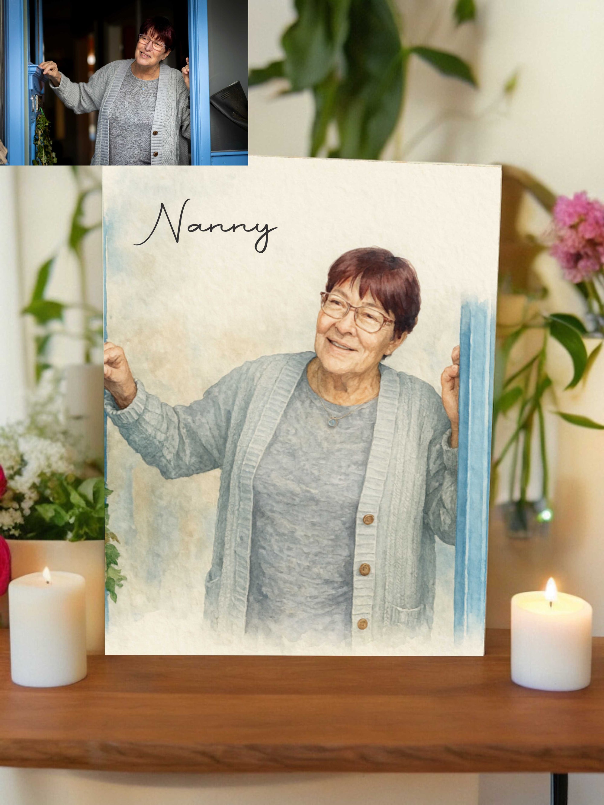 Watercolour portrait from photo printed on wood