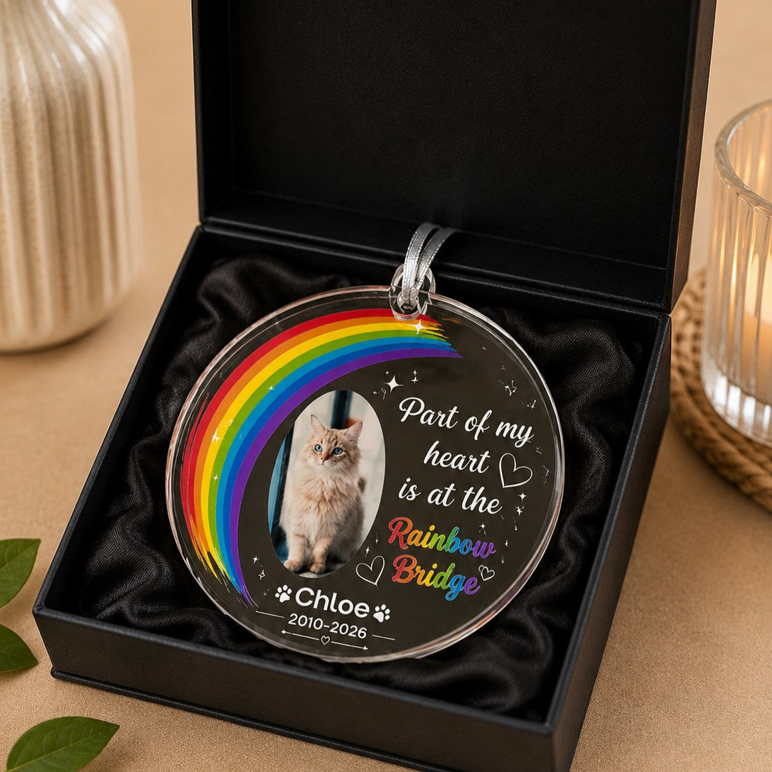 Custom acrylic pet memorial ornament featuring Rainbow Bridge artwork and personalised pet tribute