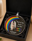 Custom acrylic pet memorial ornament featuring Rainbow Bridge artwork and personalised pet tribute