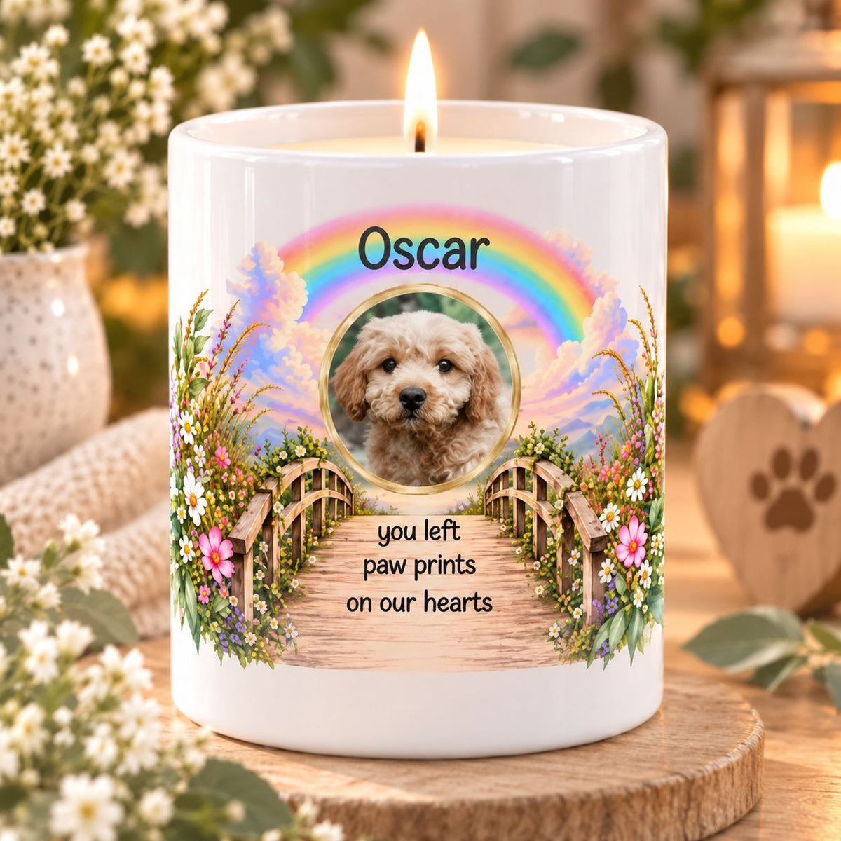 Personalised pet memorial photo candle with pet name and Rainbow Bridge design