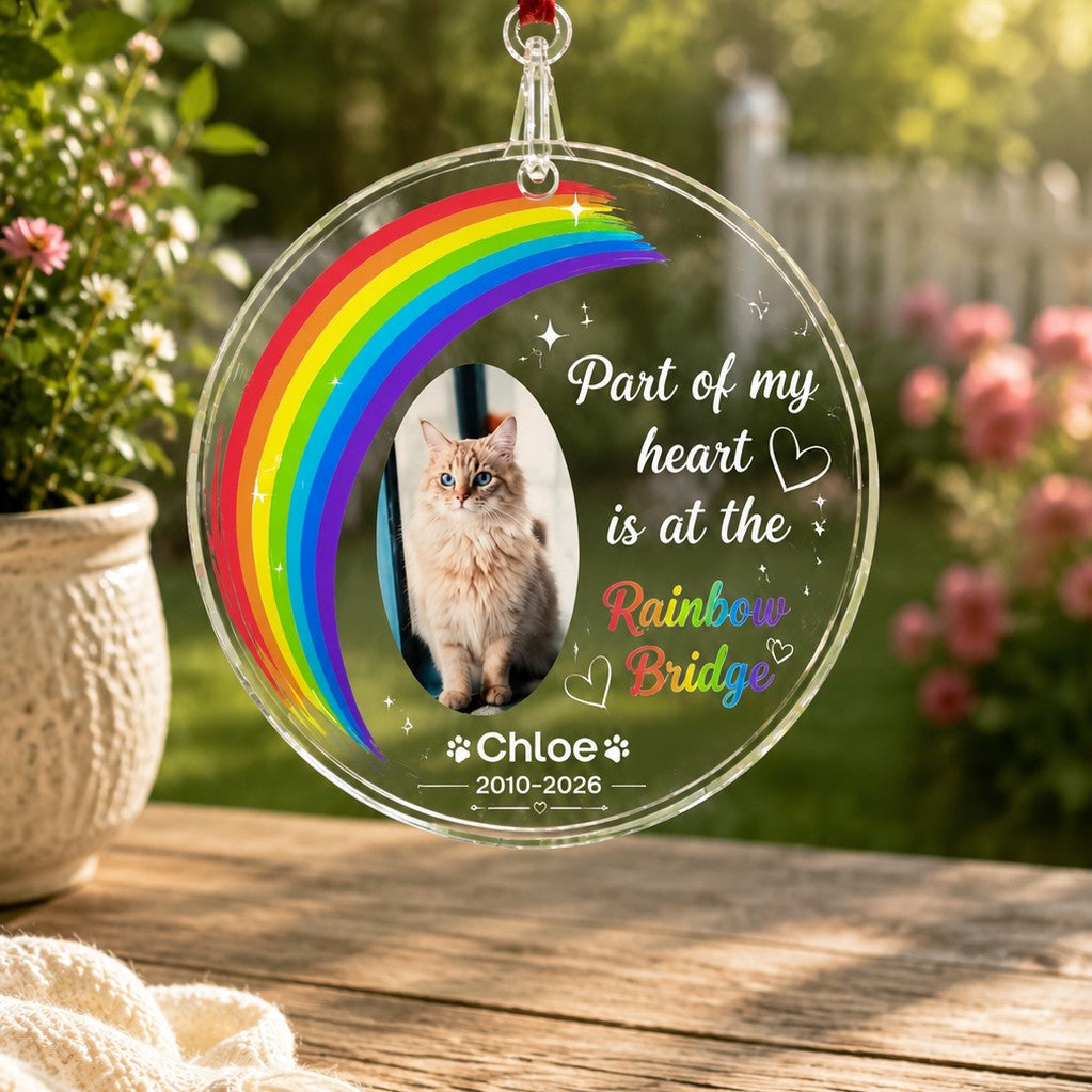 Custom pet memorial ornament featuring Rainbow Bridge theme, personalised pet portrait and remembrance message