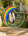 Custom pet memorial ornament featuring Rainbow Bridge theme, personalised pet portrait and remembrance message