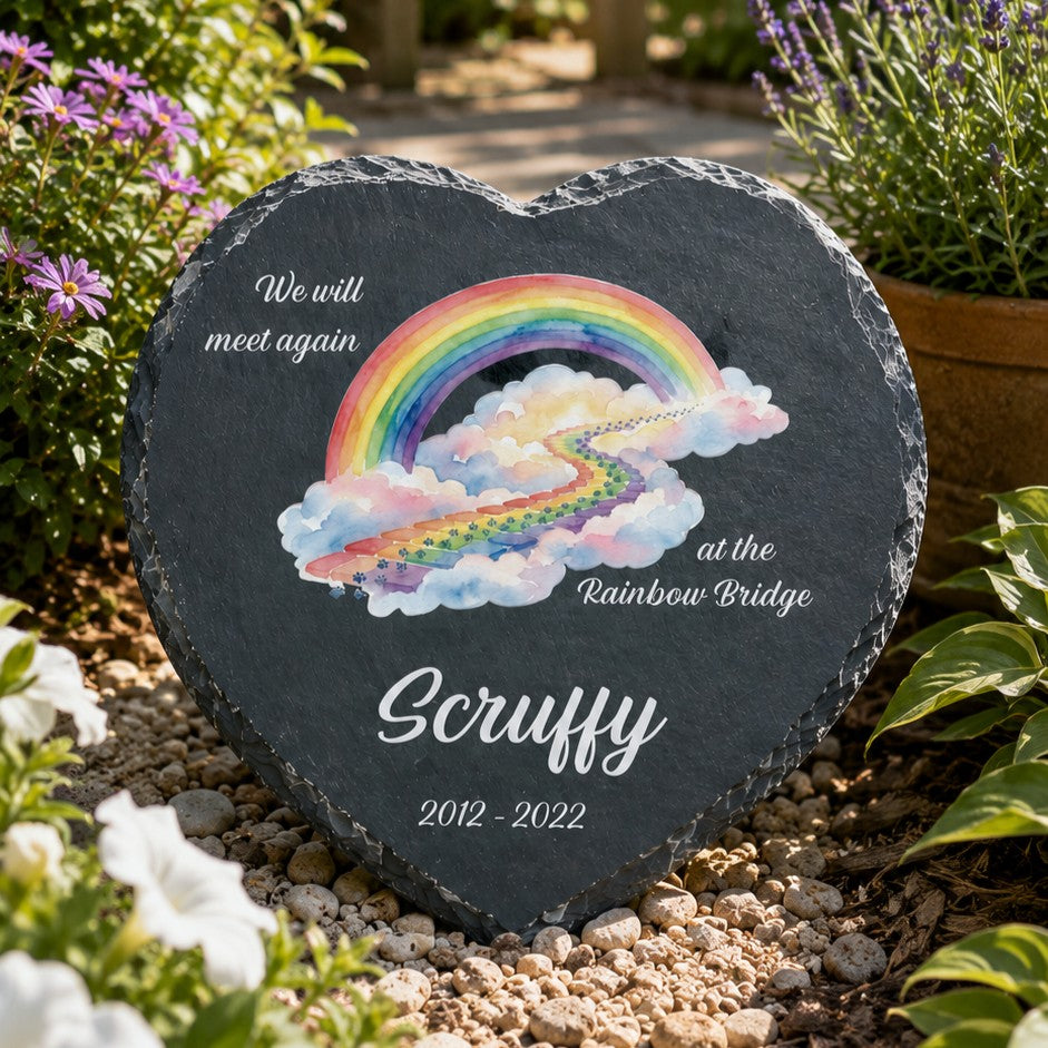 Rainbow Bridge natural slate heart memorial plaque for dogs, cats and beloved pets
