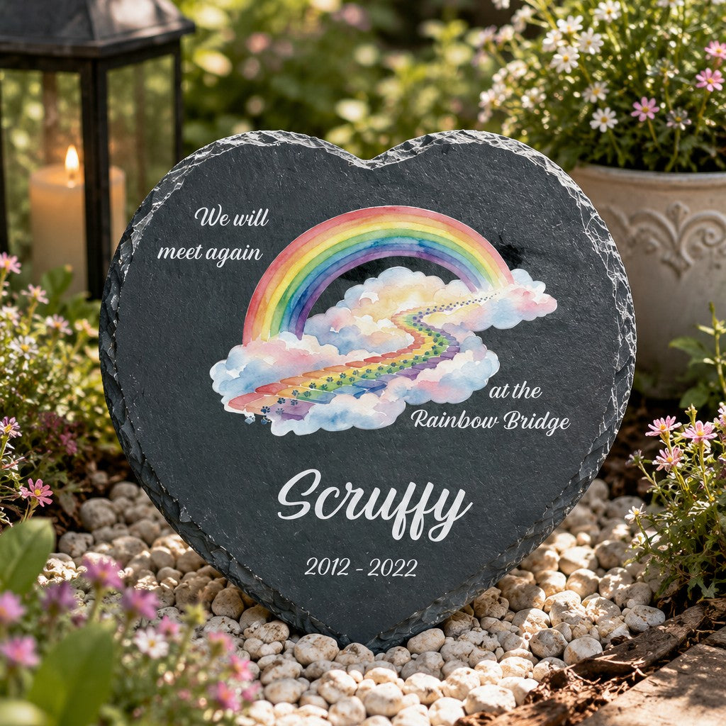Personalised 20cm Rainbow Bridge pet memorial slate heart with custom name and dates