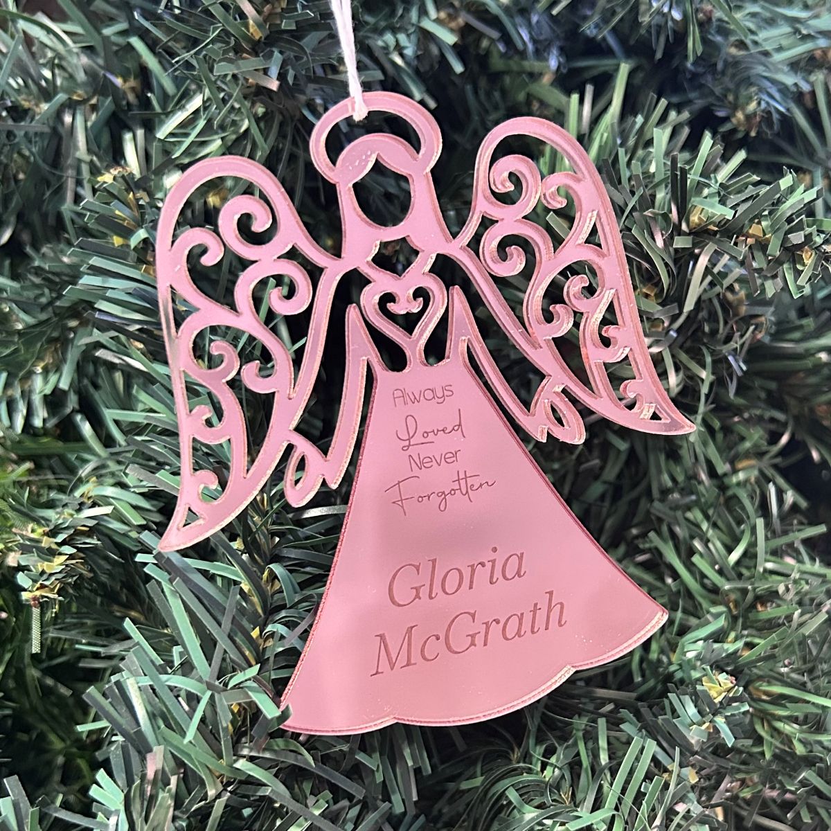 Custom memorial angel ornament in rose gold mirror acrylic with personalised name and laser engraved message