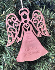 Custom memorial angel ornament in rose gold mirror acrylic with personalised name and laser engraved message