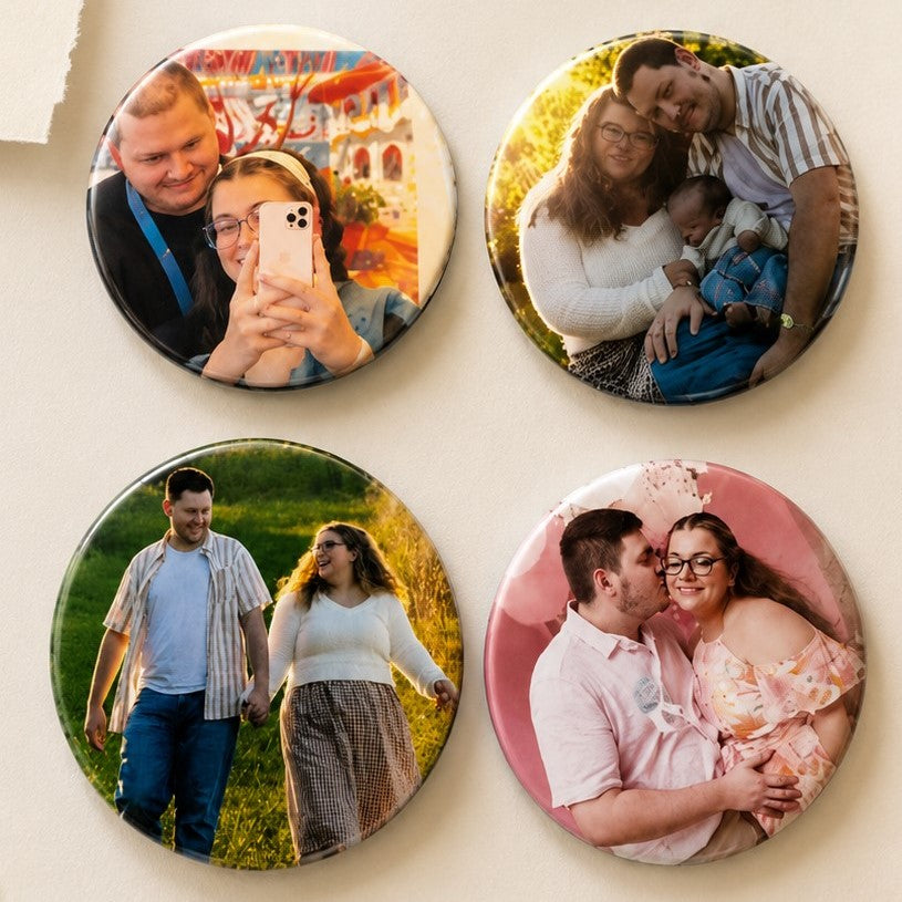 Four circular photo magnets featuring different photos