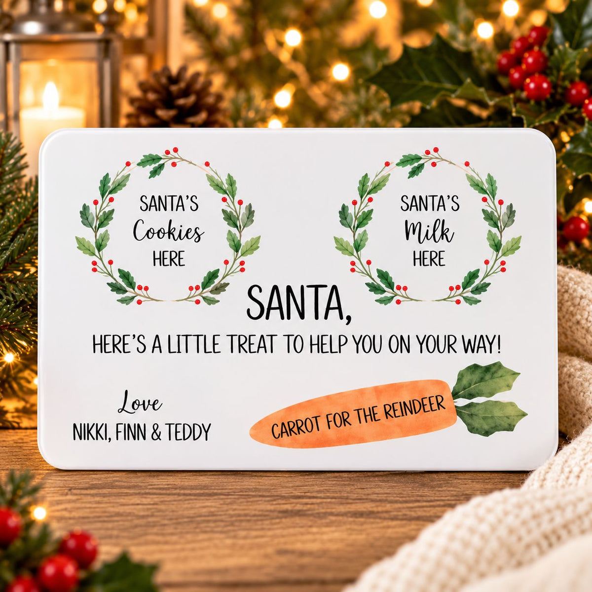 Personalised Santa Christmas Eve treat plate with wreath design and children's names