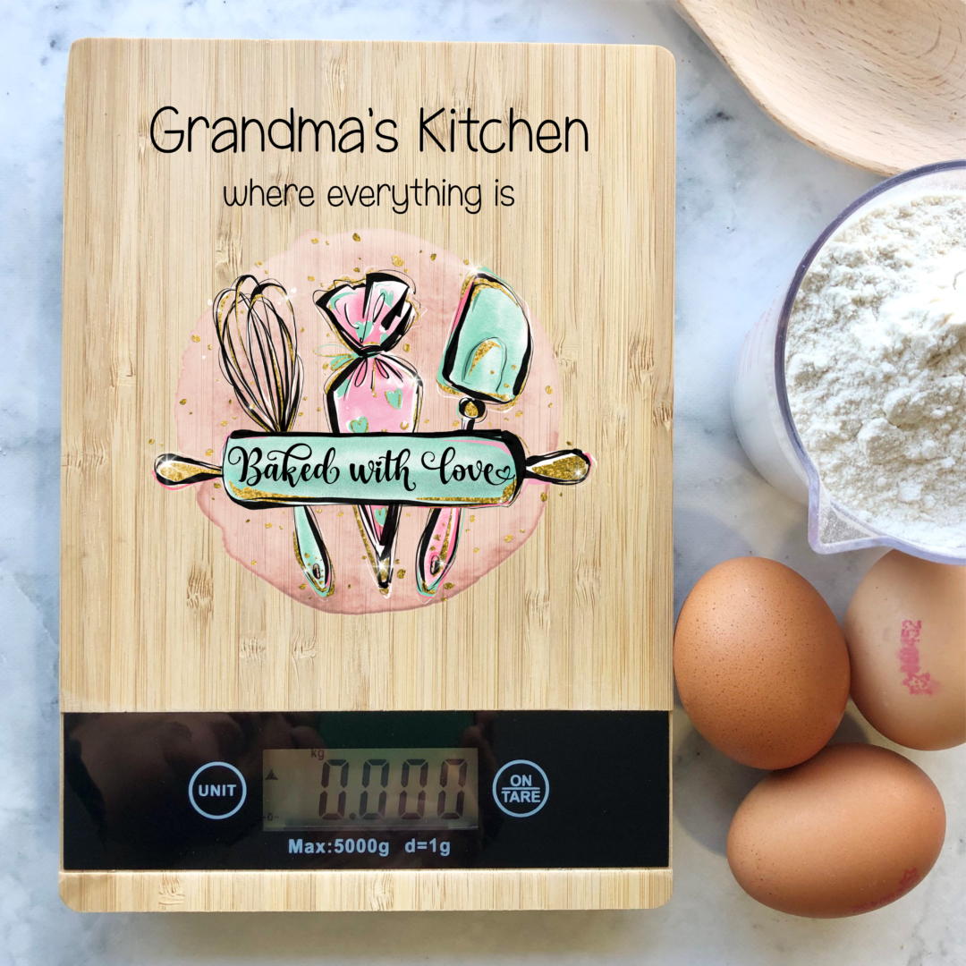 personalised kitchen scales baked with love