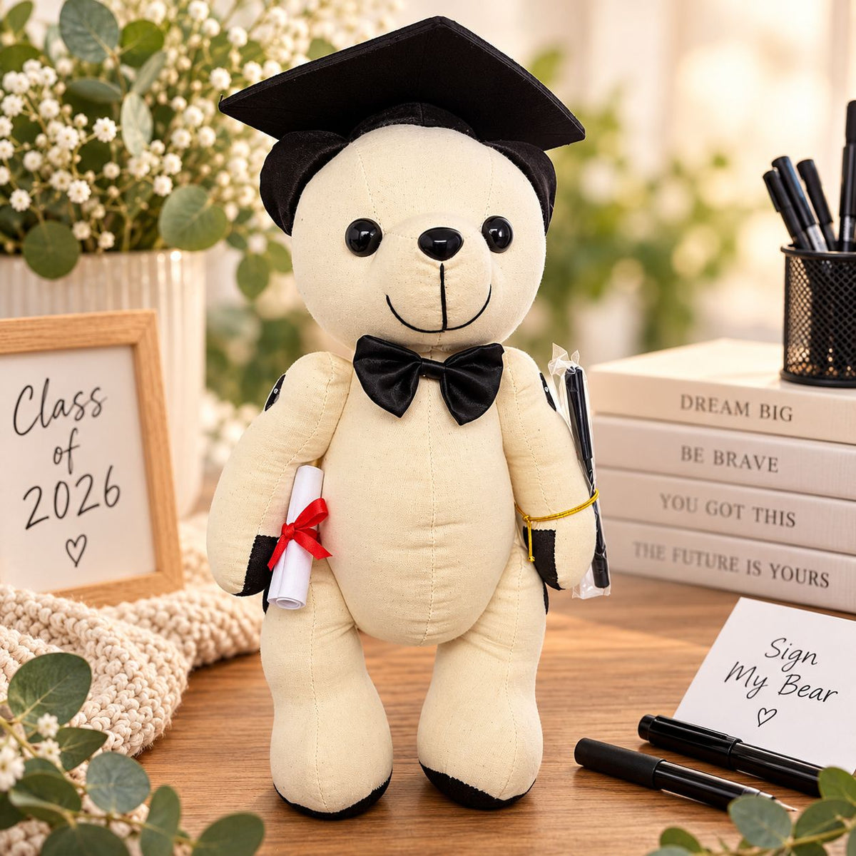 Graduation autograph bear with pen and scroll