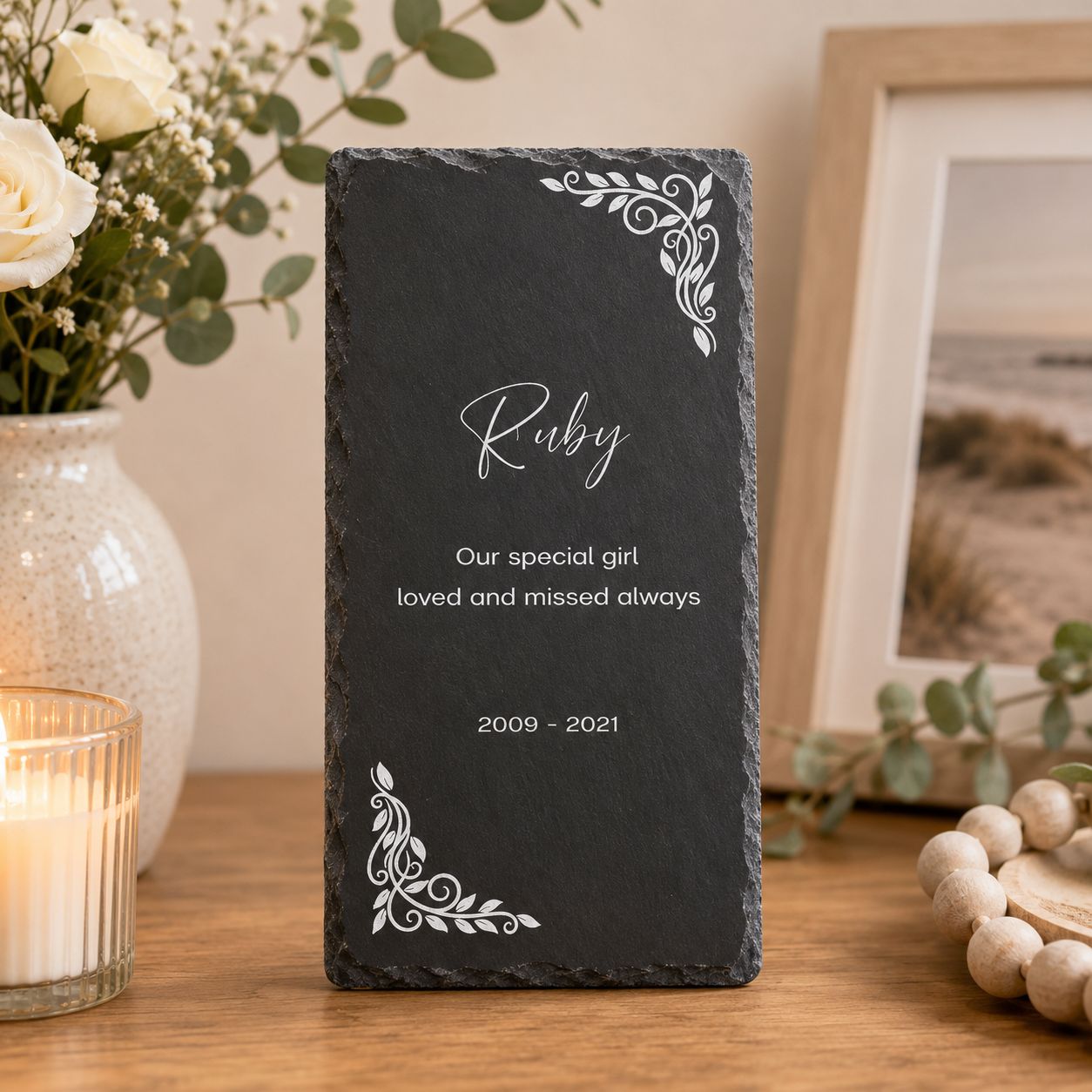 Custom natural slate pet remembrance plaque for dogs, cats and beloved pets