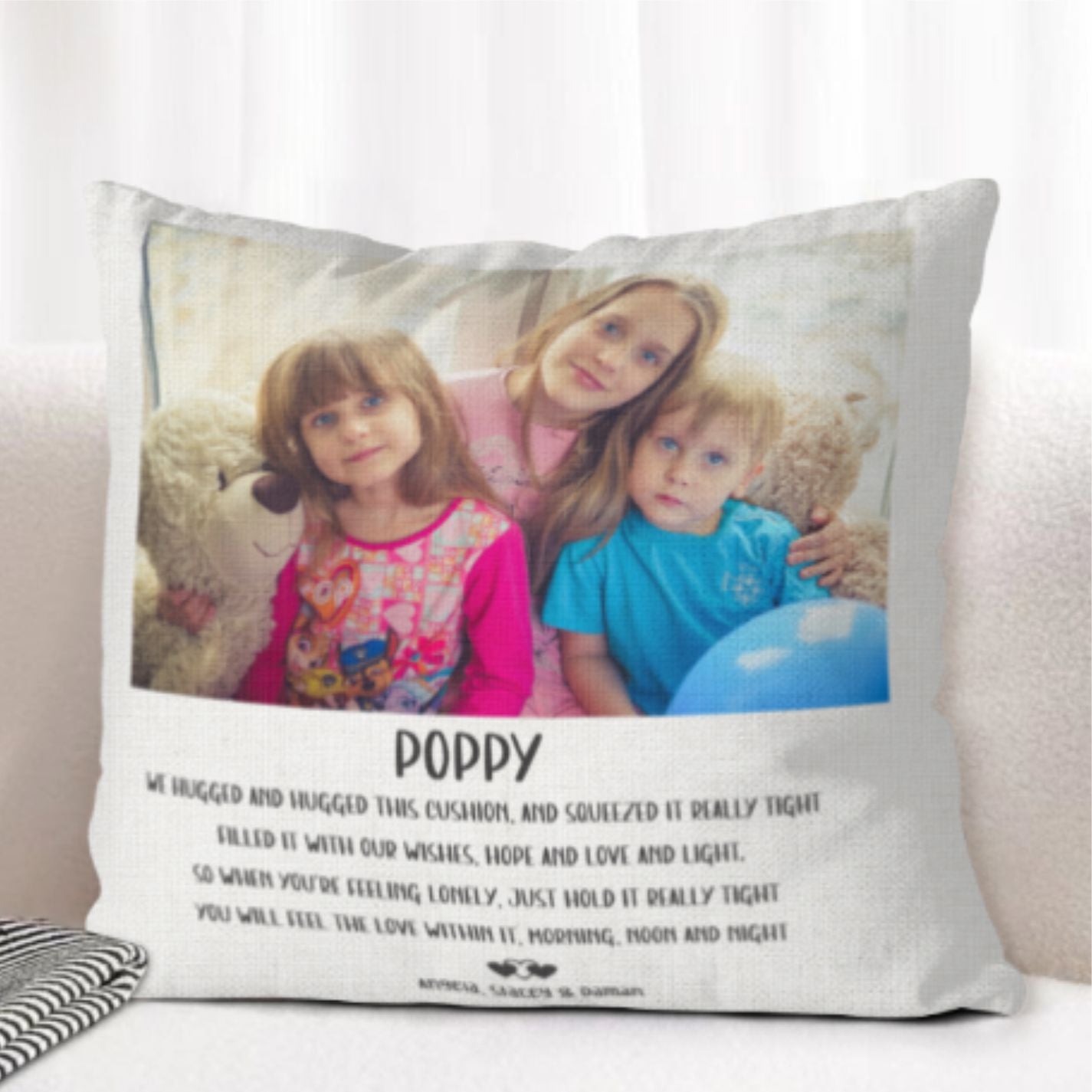 Custom keepsake cushion featuring family photo and verse