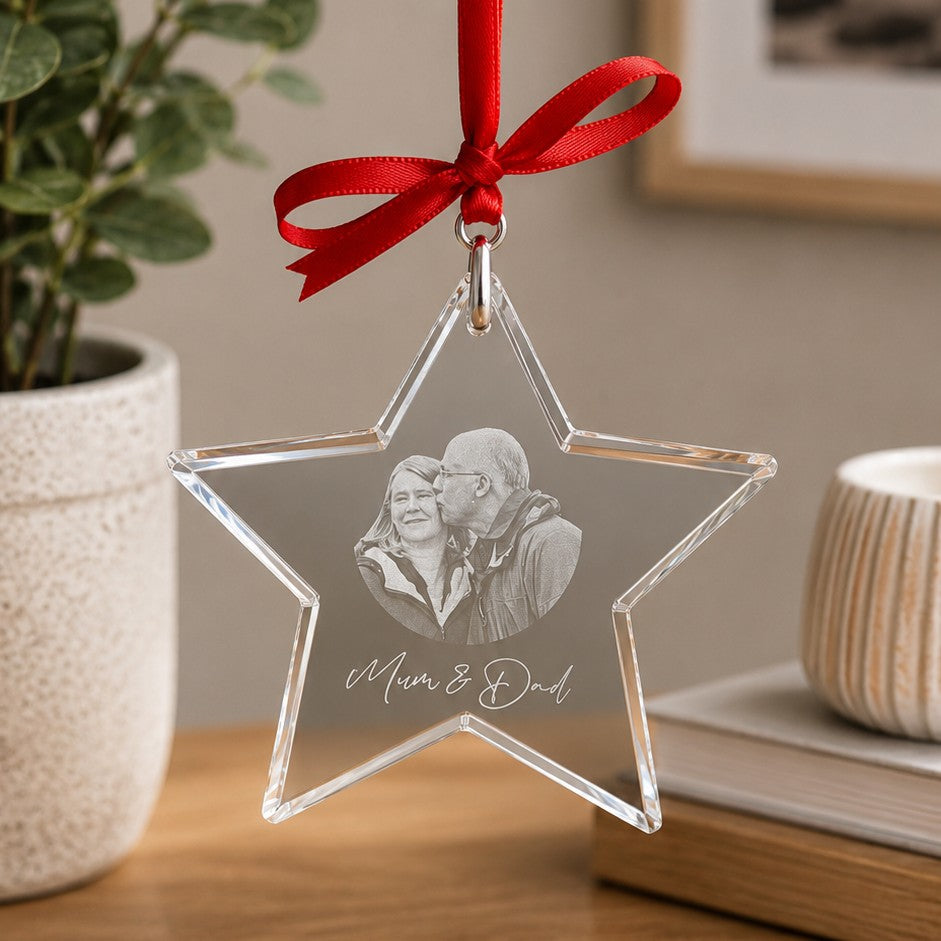 Custom crystal glass star ornament with engraved photo and names