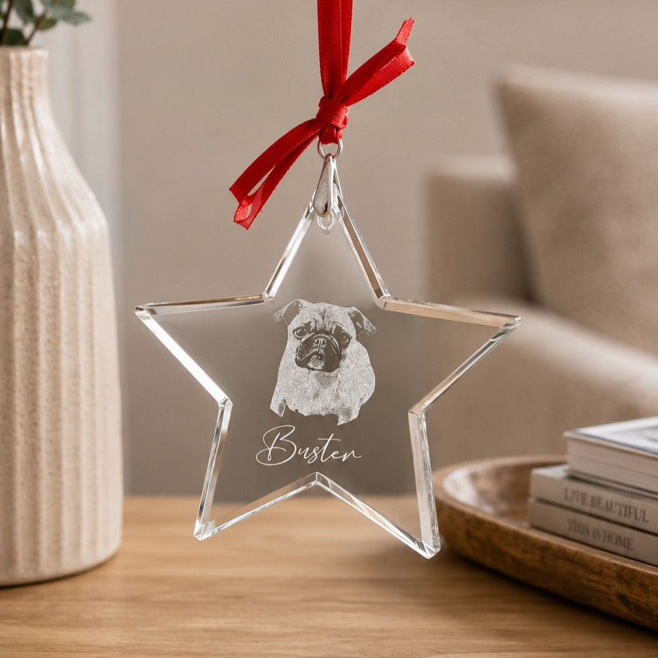 Personalised crystal pet memorial star ornament with engraved photo and custom name