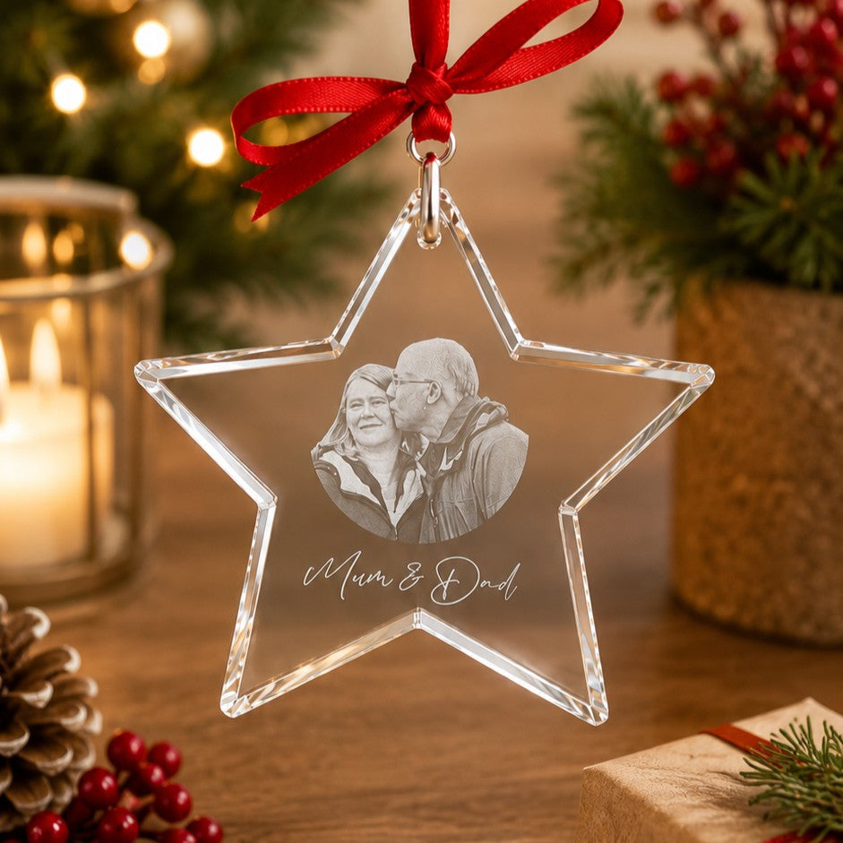 laser engraved crystal star ornament with personalised family photo