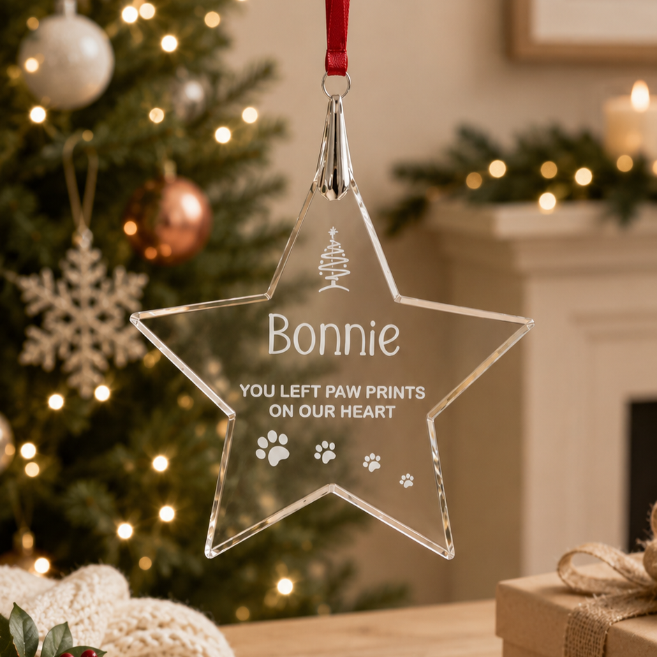 Paw prints on our heart crystal Christmas ornament for pets