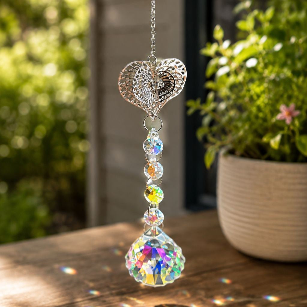Silver heart hanging crystal suncatcher 18cm with inspirational gift verse