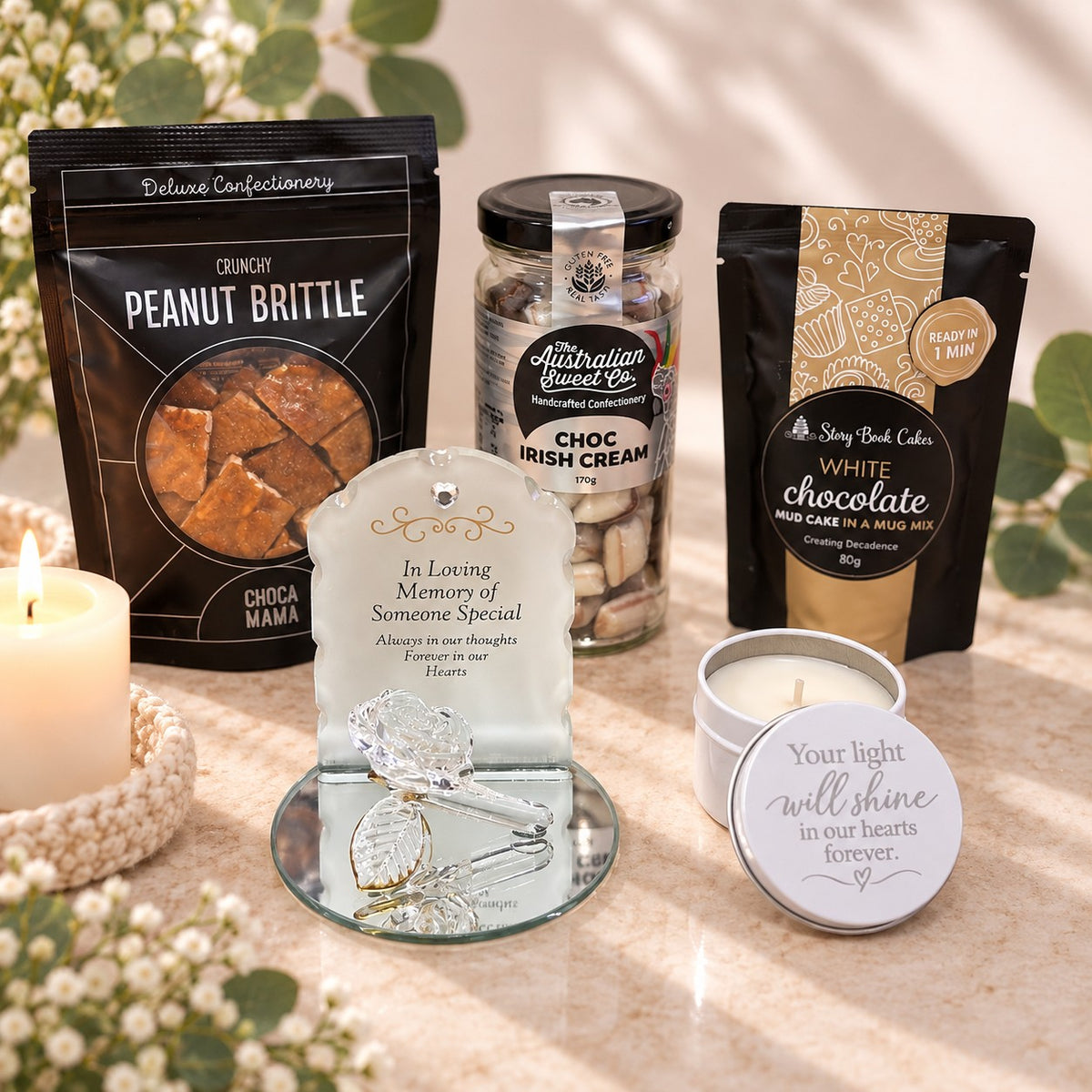 sympathy hamper glass plaque and candle 