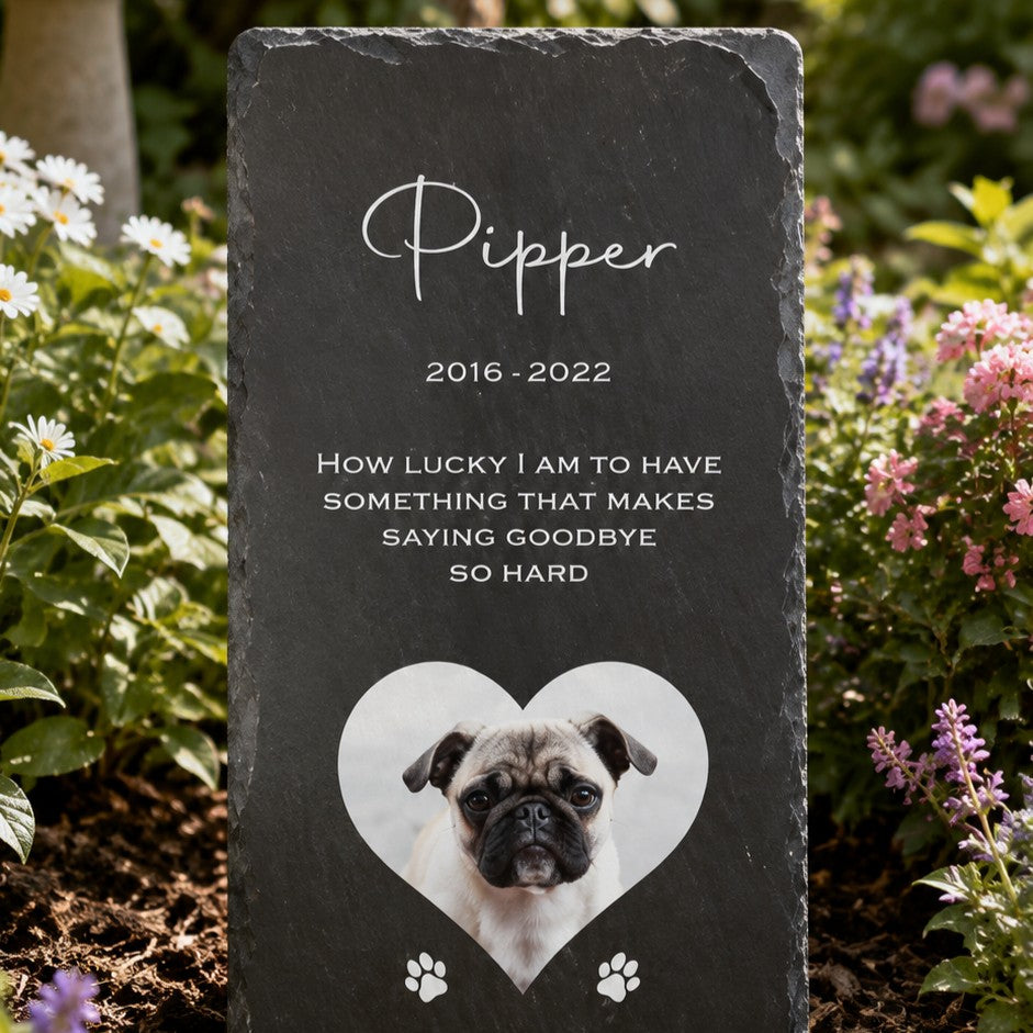 Personalised 10 × 20cm pet photo memorial slate plaque with custom dog photo