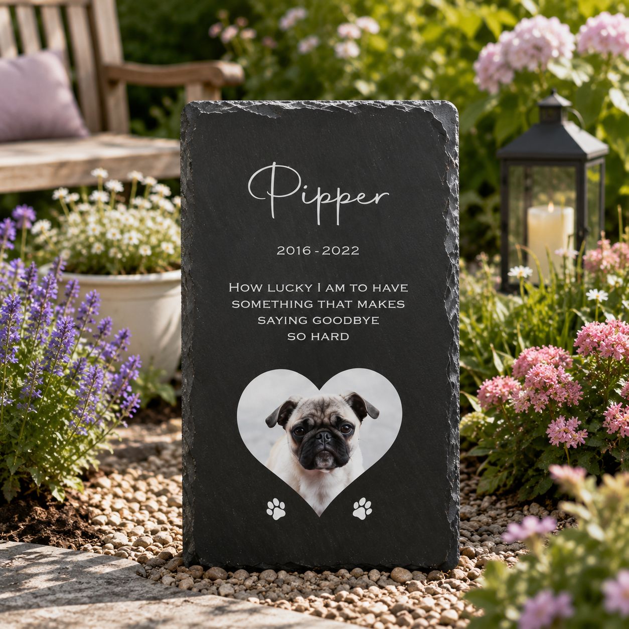 Custom natural slate pet remembrance plaque with photo, name and memorial quote