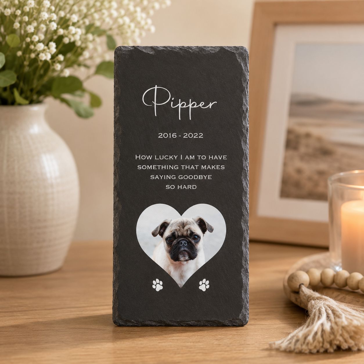 Personalised 10 × 20cm pet memorial slate for dogs, cats and beloved pets with photo