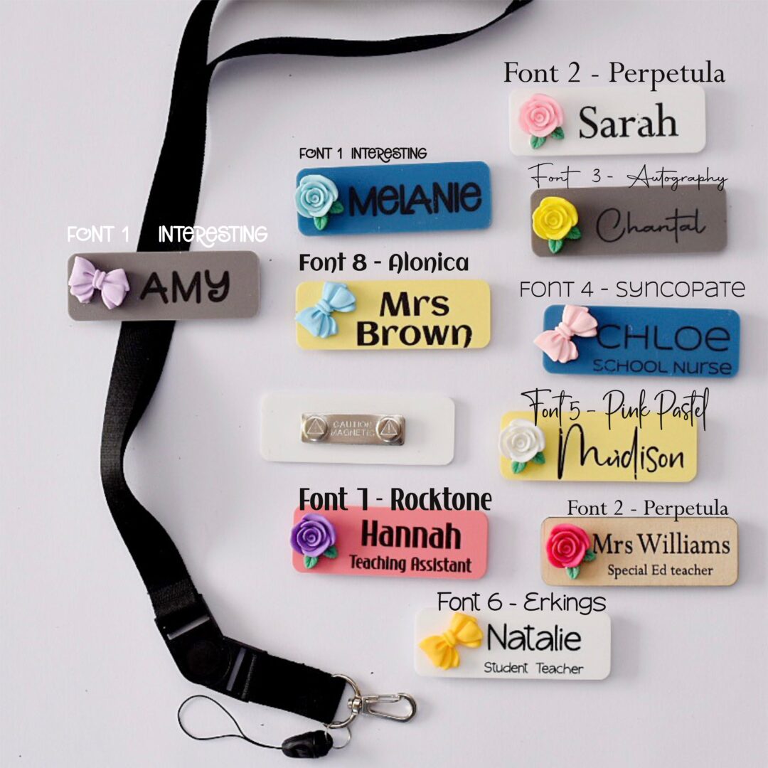 teacher name badge flowers fonts