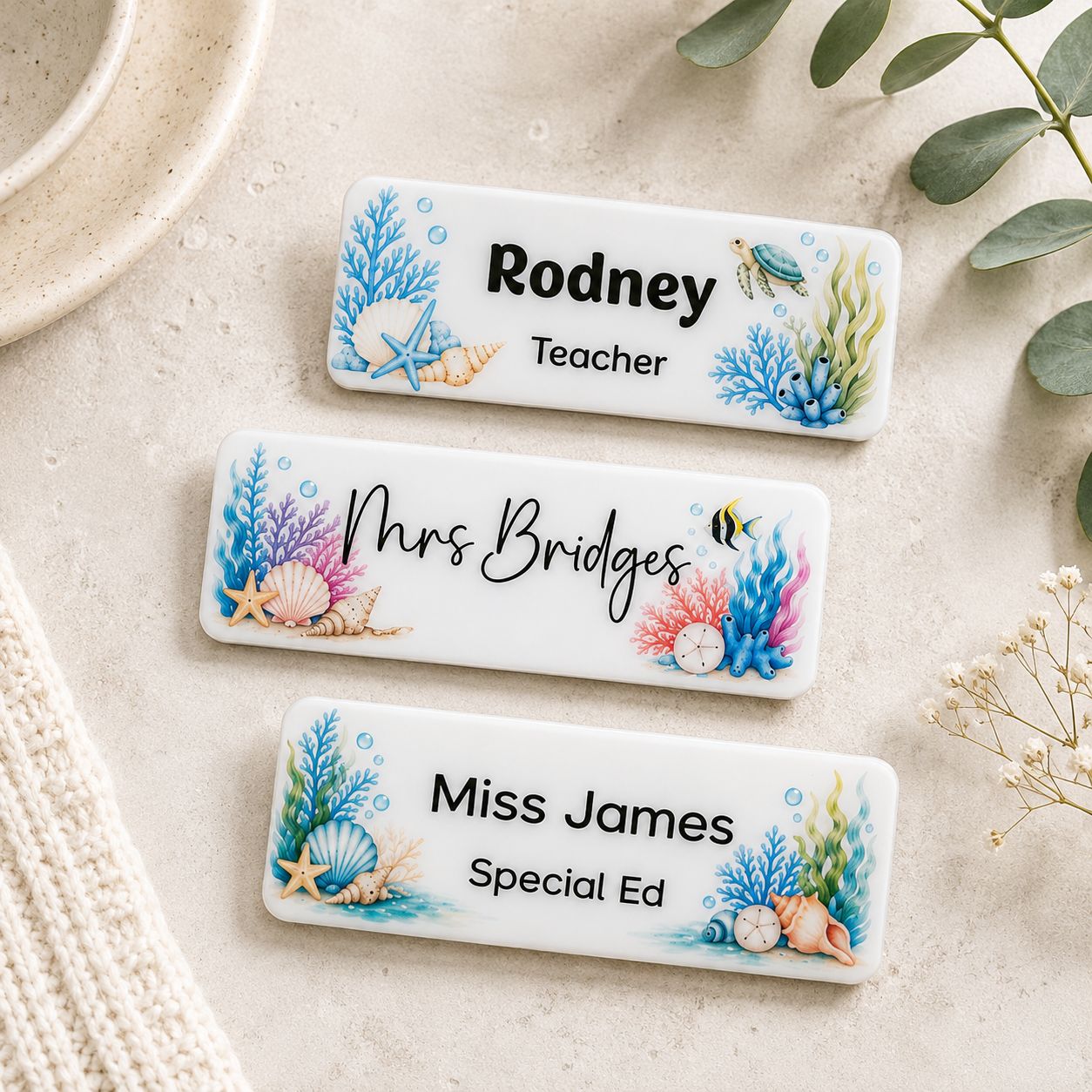 Personalised ocean teacher name badge 85 × 30mm with magnetic back