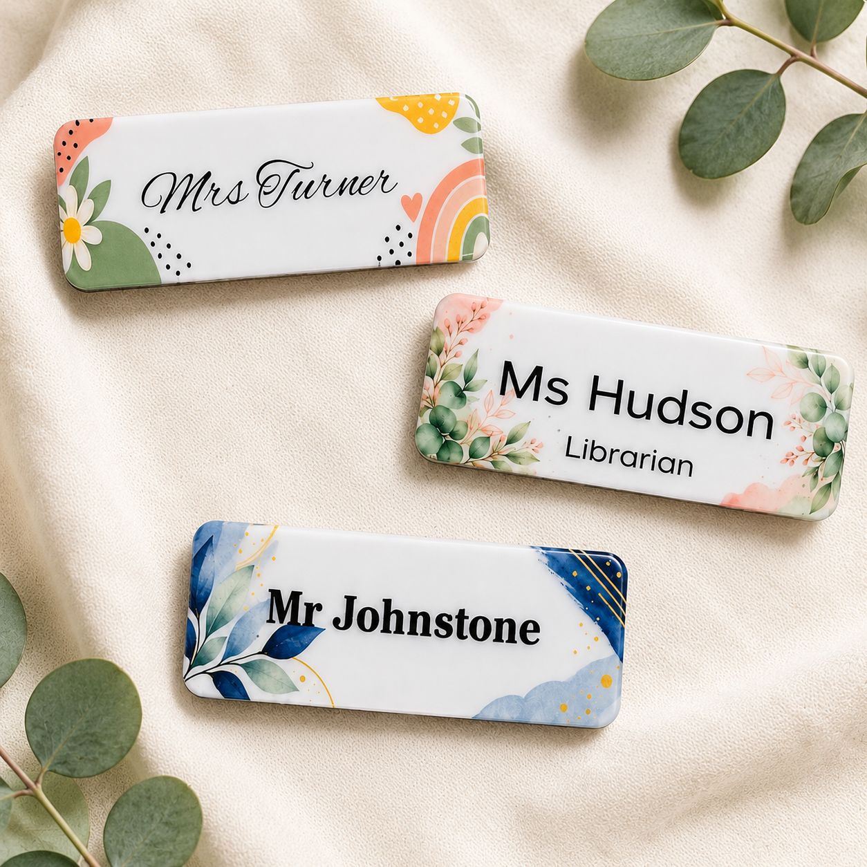Custom magnetic teacher name badge with floral eucalyptus and botanical designs