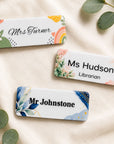 Custom magnetic teacher name badge with floral eucalyptus and botanical designs