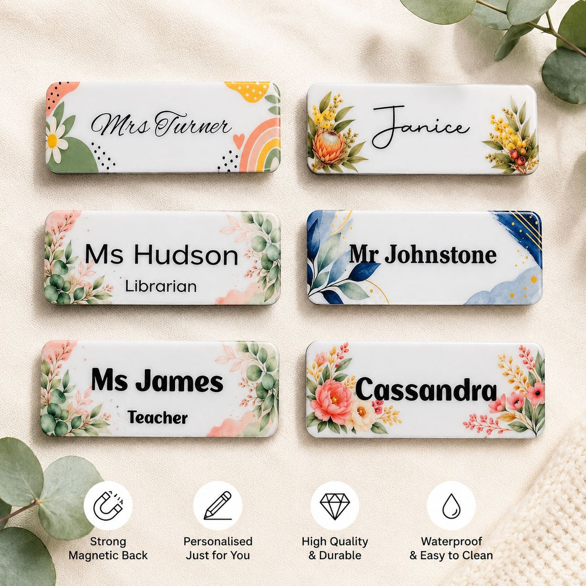 Custom magnetic teacher name badge with floral eucalyptus and botanical designs
