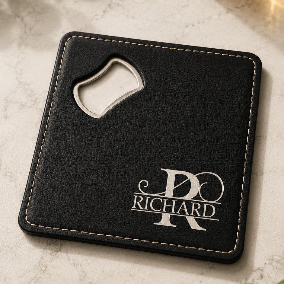 vegan leather coaster with bottle opener personalised