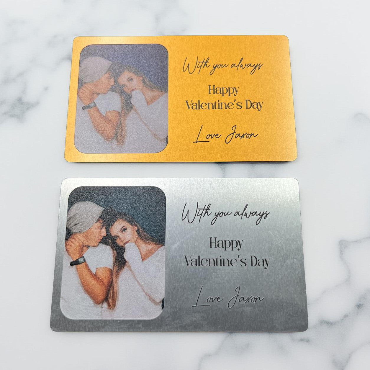 Gold and silver personalised photo wallet cards