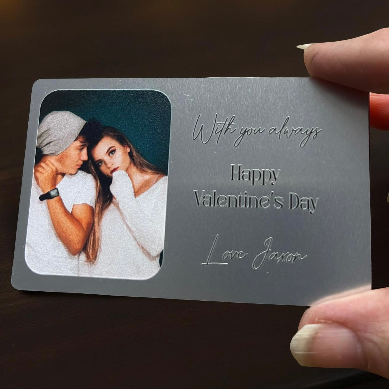 Personalised metal wallet card with photo and heartfelt message