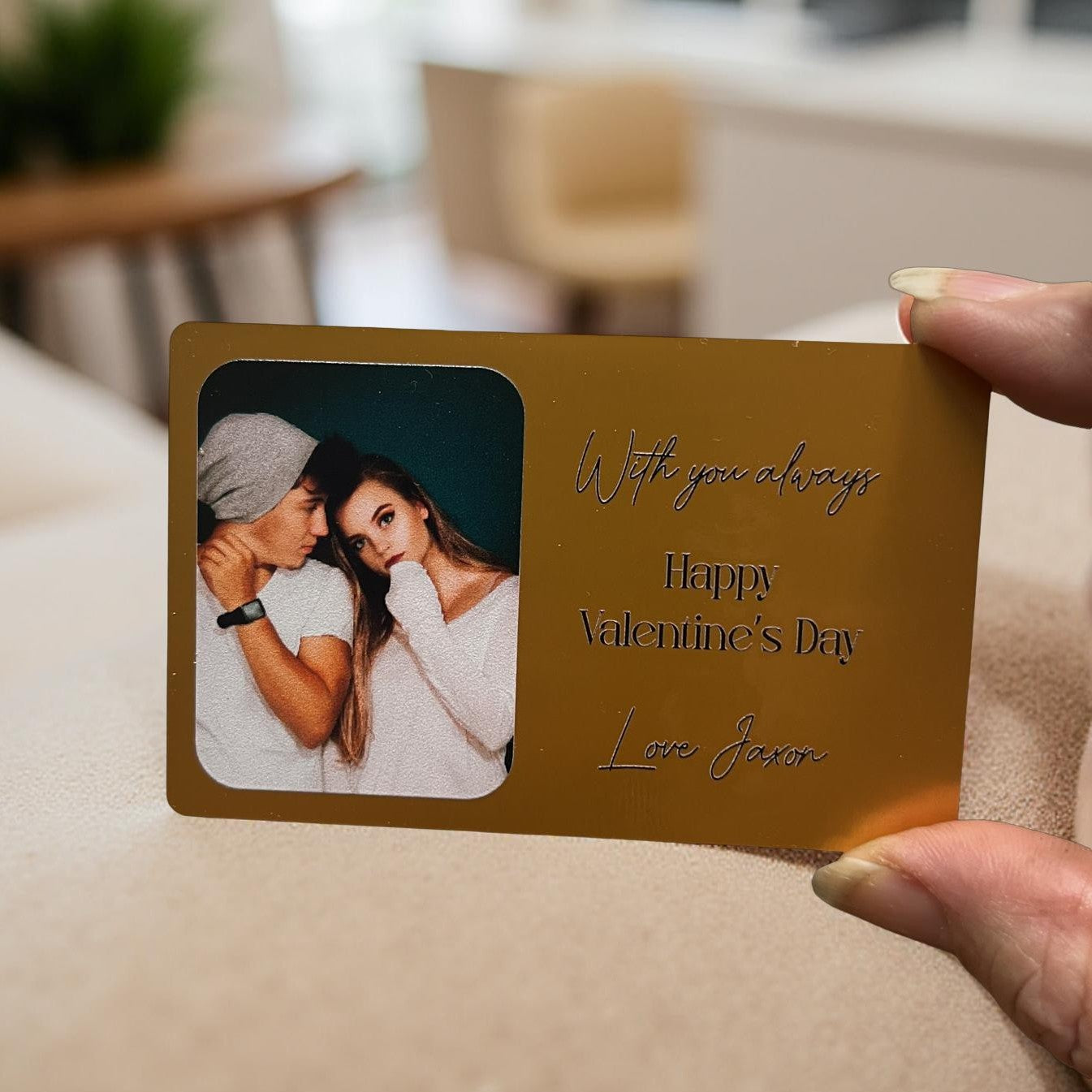 Personalised metal wallet card with photo and custom message