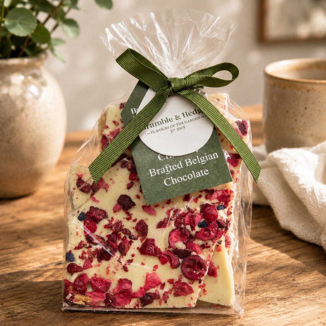 Gourmet white chocolate honeycomb gift with cherry cranberry and violet
