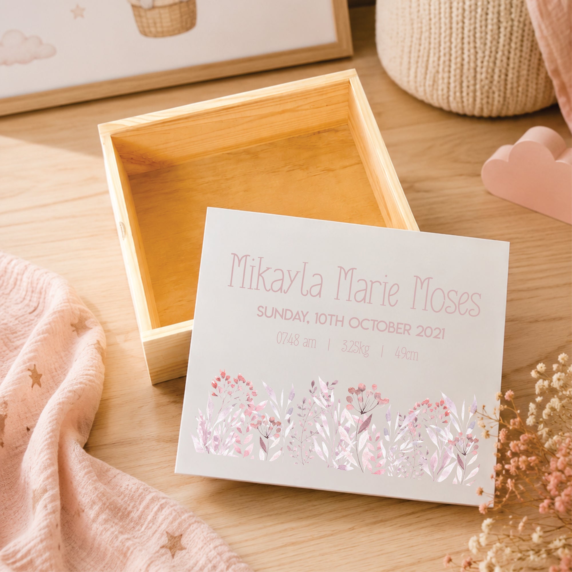 Wooden Keepsake Box - Pink Wild Flowers