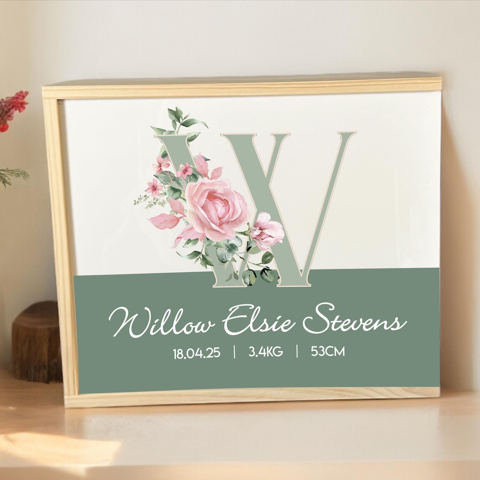 Personalised baby keepsake box with floral initial