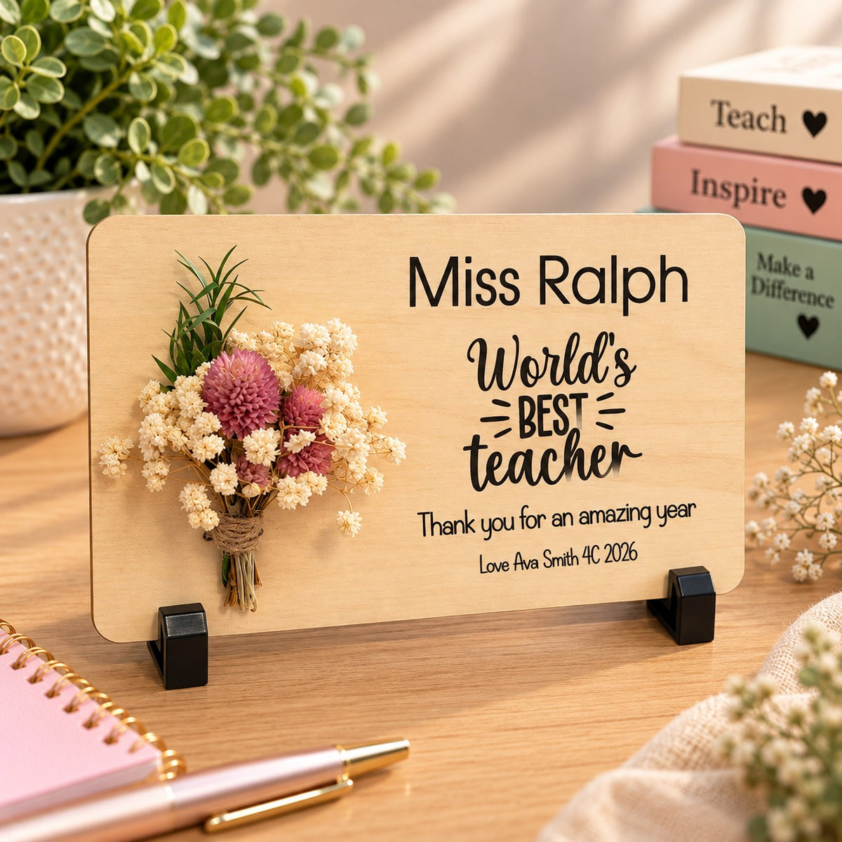 World's Best Teacher Gift - Preserved flower plaque