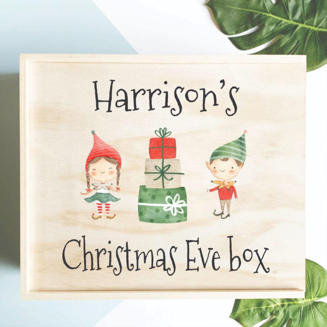 Personalised Engraved Wooden Baby 1st Christmas Gift Box Elf 1st Xmas